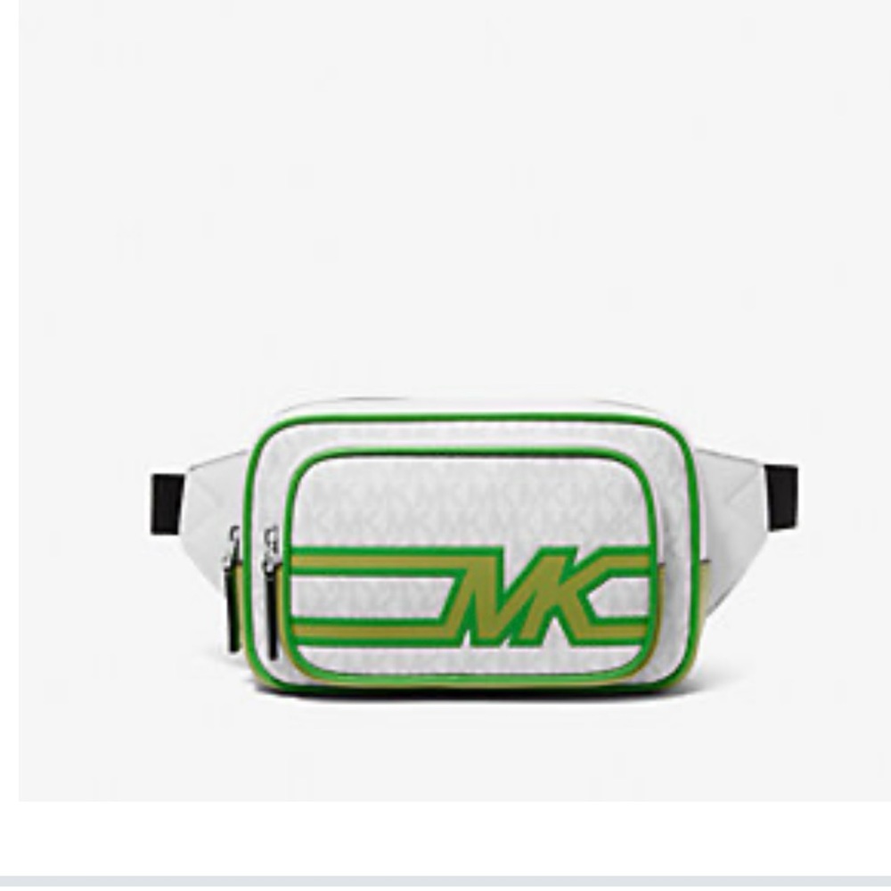 MK white sling bag with green accent